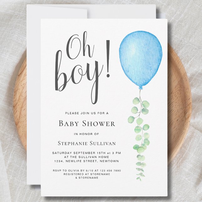 Oh Boy Modern Eucalyptus Blue Balloon Baby Dusche Einladung (Von Creator hochgeladen)