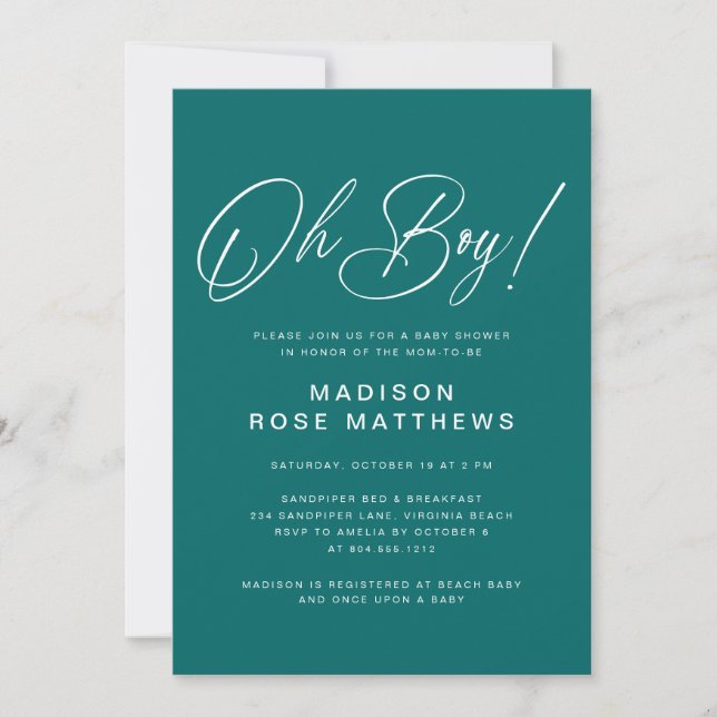 Oh Boy Modern Script Teal  Baby Shower   Einladung (Vorderseite)