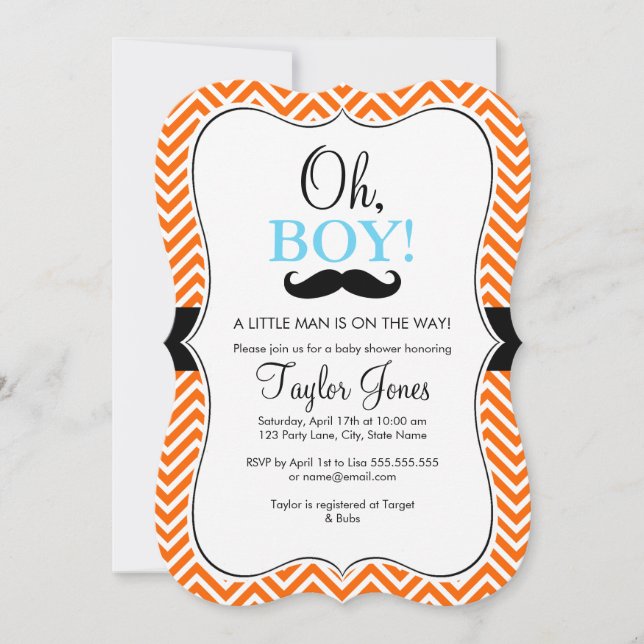 Oh Boy Mustache Baby Dusche einladen / Blue & Oran Einladung (Vorderseite)