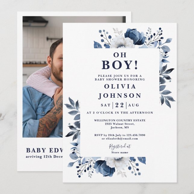 Oh Boy Navy Blue Floral Foto QR Baby Dusche Einladung (Vorne/Hinten)