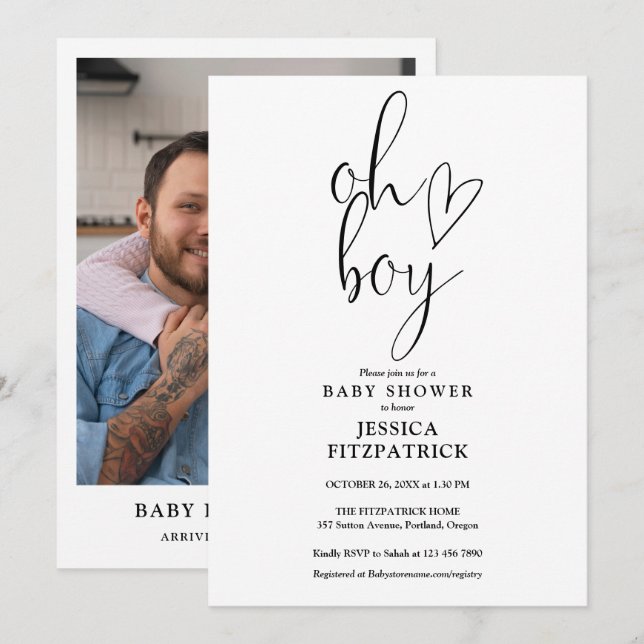 Oh Boy Niedlich Heart Script Foto Babydusche Einladung (Vorne/Hinten)