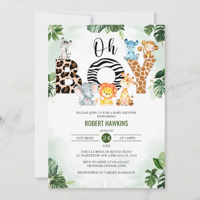 Oh Boy Niedlich Jungle Safari Baby Dusche Einladung (Vorderseite)