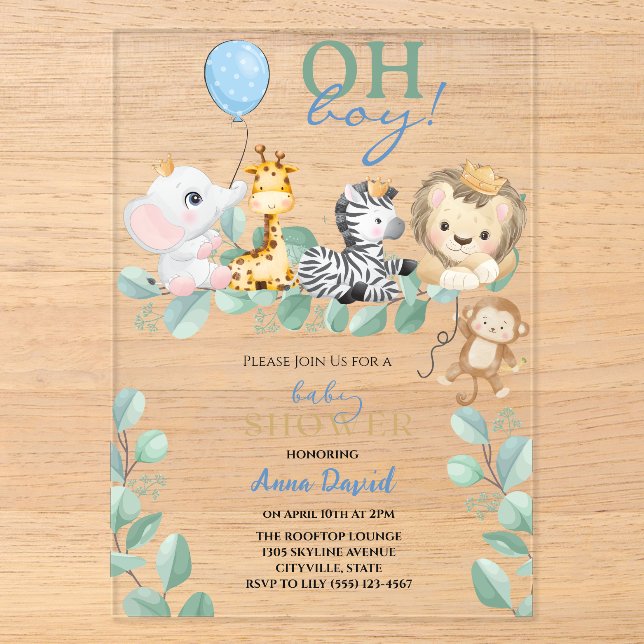 Oh Boy Niedlich Safari Jungle Animals Baby Dusche Acryleinladungen (Vorderseite)