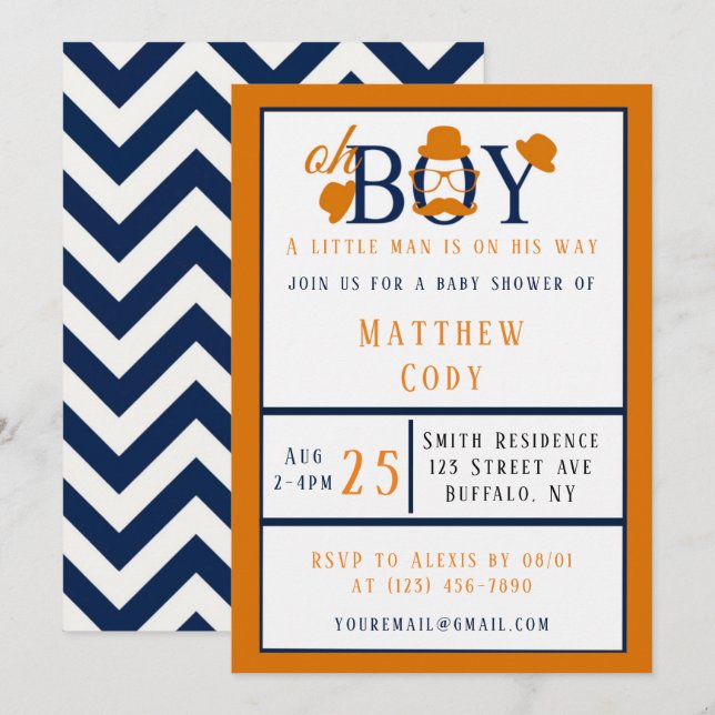 Oh Boy Orange et Baby shower bleu Invitation (Devant / Derrière)