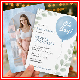 Oh Boy PHOTO Eucalyptus Blue Balloon Baby Shower Einladung
