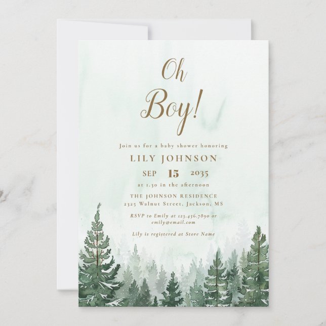 Oh Boy Pine Tree Forest Baby Shower Einladung (Vorderseite)