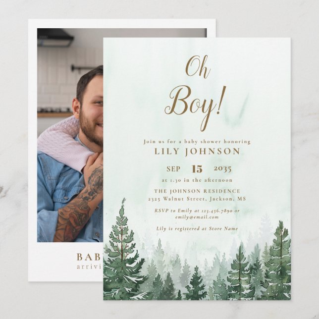 Oh Boy Pine Tree Forest Baby Shower Foto Einladung (Vorne/Hinten)