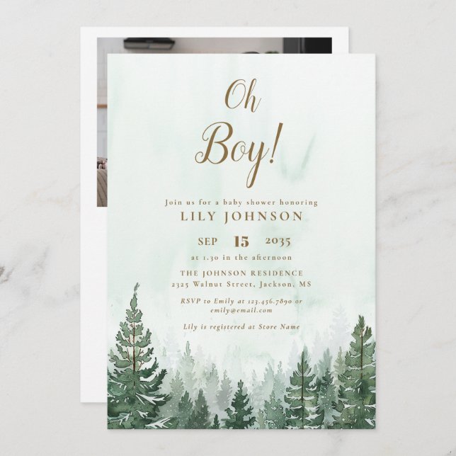 Oh Boy Pine Tree Forest Baby Shower Foto QR Code Einladung (Vorne/Hinten)