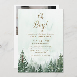 Oh Boy Pine Tree Forest Baby Shower Foto QR Code Einladung