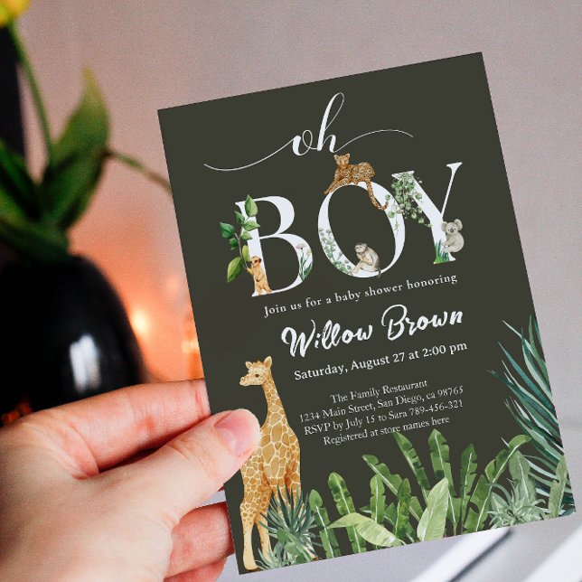 Oh Boy Safari Animal Forest Greenery Baby Shower Einladung (Von Creator hochgeladen)