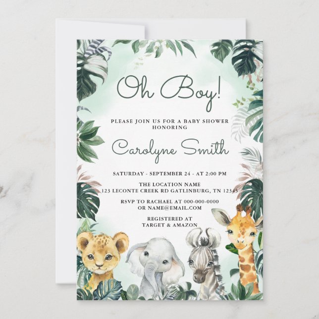 Oh Boy Safari Animals Baby Shower Einladung (Vorderseite)