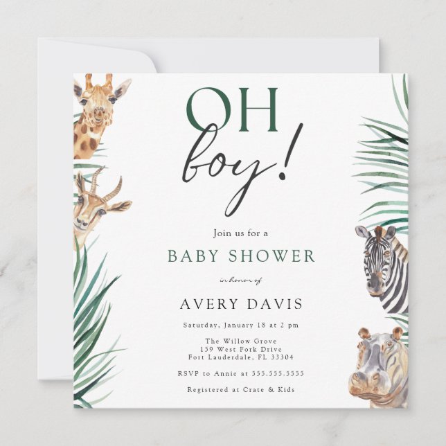 Oh Boy Safari Animals Baby Shower Square Einladung (Vorderseite)