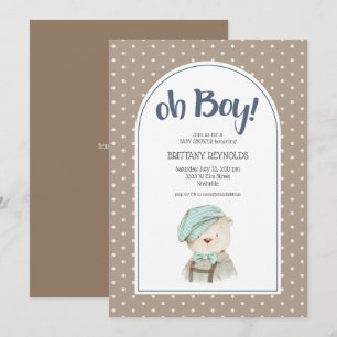Oh Boy Tan Polka Dot Teddy Bear Baby Shower Einladung