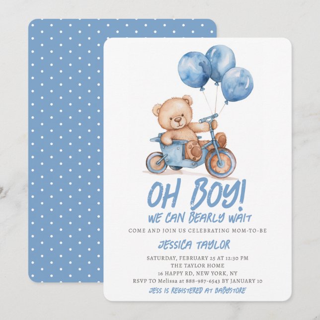 Oh Boy Teddy Bear Boy Blue Bearly Wait Baby Shower Einladung (Vorne/Hinten)