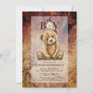 Oh Boy Teddy Bear Rustic Wood Grain Baby Dusche Einladung