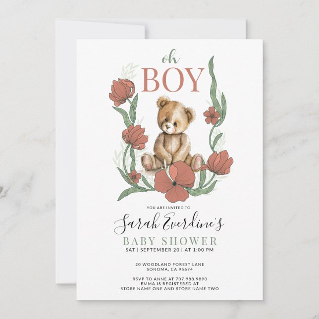 Oh Boy Teddy Bear Watercolor Babydusche Einladung (Vorderseite)