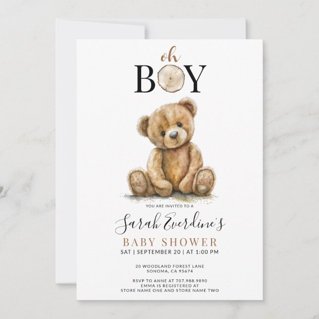 Oh Boy Teddy Bear Watercolor Babydusche Einladung (Vorderseite)