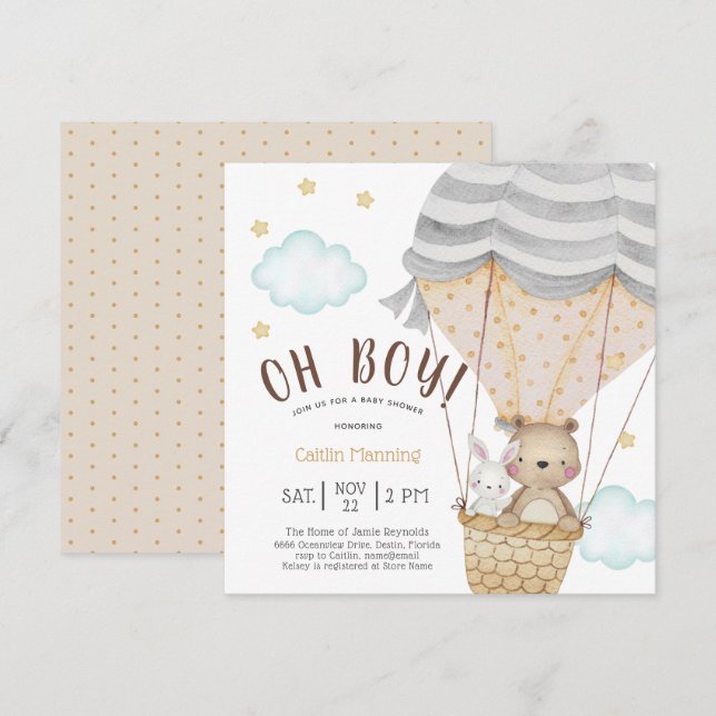 Oh Boy Teddy Bear Woodland Babydusche Einladung (Vorne/Hinten)