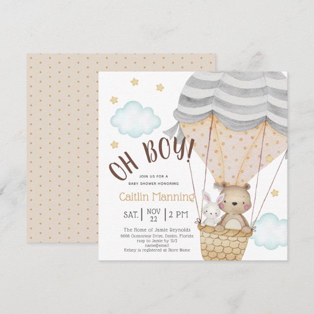Oh Boy Teddy Bear Woodland Neutral Baby Dusche Einladung (Vorne/Hinten)