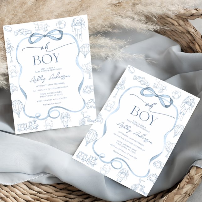 Oh Boy Toile De Jouy Blue Baby Dusche Einladung (Von Creator hochgeladen)