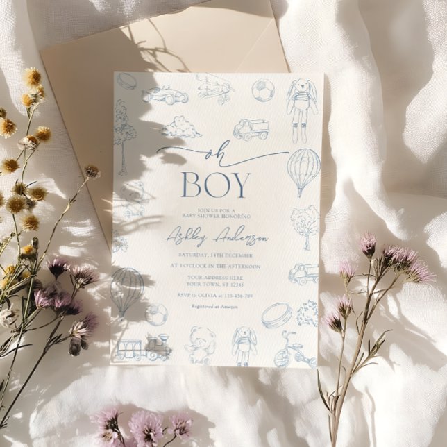 Oh Boy Toile De Jouy Blue Baby Dusche Einladung (Von Creator hochgeladen)