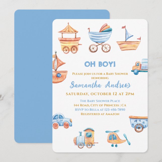 Oh Boy Toys Jote Baby shower Invitation (Devant / Derrière)
