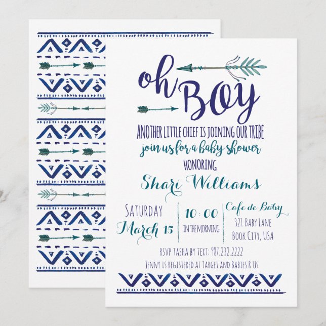 Oh Boy Tribal Baby shower Invitation - TURQUOISE C (Devant / Derrière)