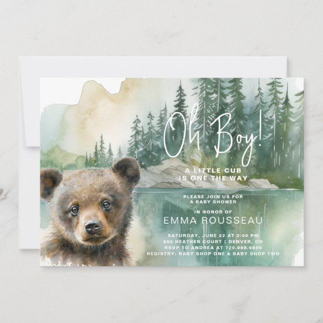 Oh Boy Watercolor Bear Cub Babydusche Einladung (Vorderseite)