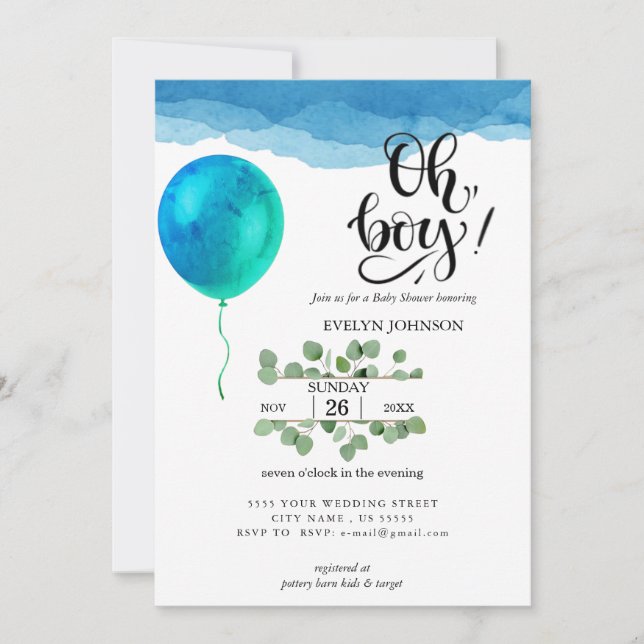 Oh Boy Watercolor blauen Wolken Kinderdusche Einladung (Vorderseite)