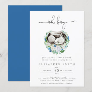 Oh Boy Watercolor Blue Floral Wreath Baby Dusche I Einladung