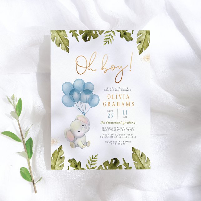 Oh Boy Watercolor Elephant & Balloons Babydusche Einladung (Von Creator hochgeladen)