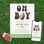 Oh Boy Watercolor Football Baby Dusche Einladung<br><div class="desc">Oh Junge! Ein kleiner Junge ist unterwegs. Diese Babydusche lädt zum Fußballsport ein. Der Titeltext ist ein grober Retro-70er-Schriftart mit Aquarellfußball. Der untere Rand ist eine Aquarellfußballwerflinie.</div>