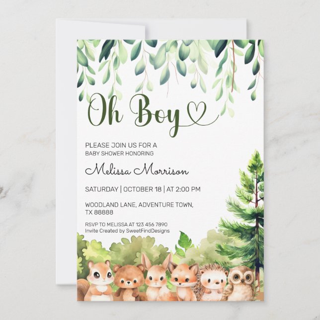 Oh Boy Watercolor Forest Baby Dusche Einladung (Vorderseite)