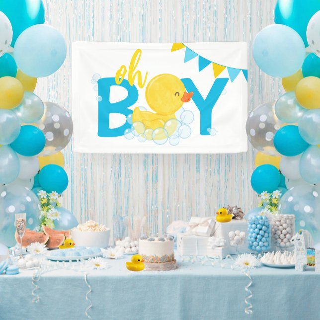 Oh Boy Watercolor Rubber Duck Baby Duck Banner (Oh Boy Watercolor Rubber Ducky Baby Shower Hanging Vinyl Banner in White)
