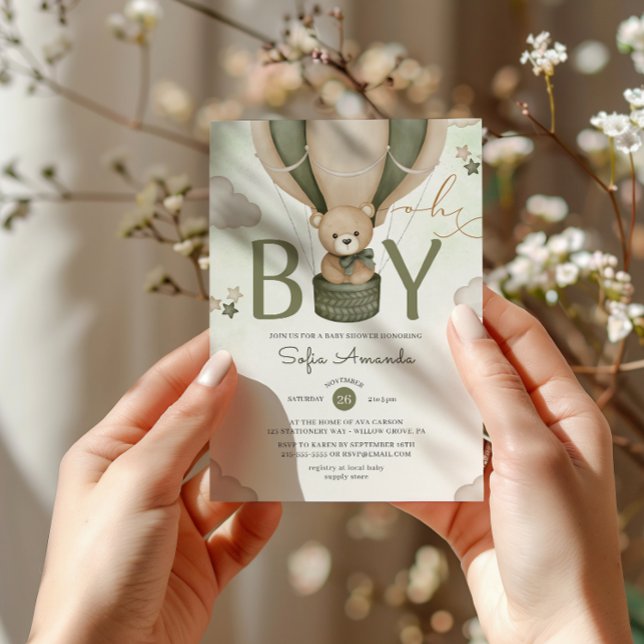 Oh Boy Watercolor Teddy Bear Green Baby Dusche Einladung (Von Creator hochgeladen)