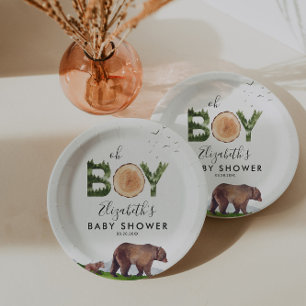 Oh Boy Watercolor Woodland Bear Baby Dusche Pappteller