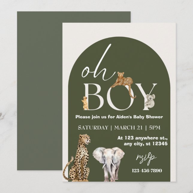 Oh Boy Wild One Animals Boy Baby Shower Einladung (Vorne/Hinten)