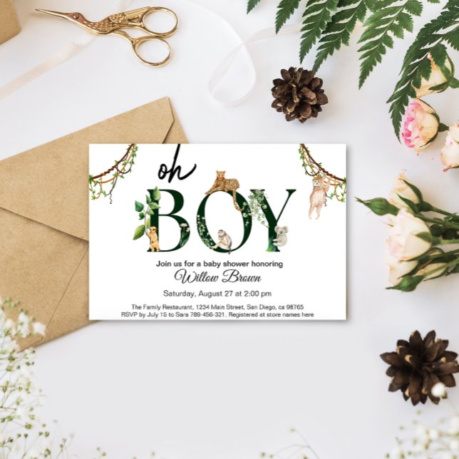Oh, Boy Wild Safari Tierheim Jungle Boy Babydusche Einladung (Oh Boy Wild Safari Animal Baby shower Invitation card mockup)