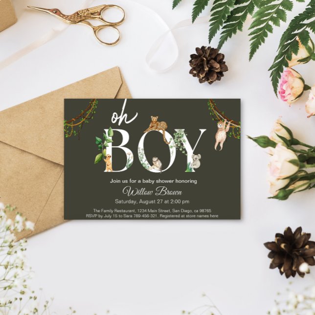 Oh, Boy Wild Safari Tierheim Jungle Boy Babydusche Einladung (Oh Boy Safari animal jungle baby shower card)