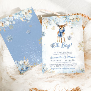 Oh Boy Winter Blue Floral & Deer Baby Dusche Einladung