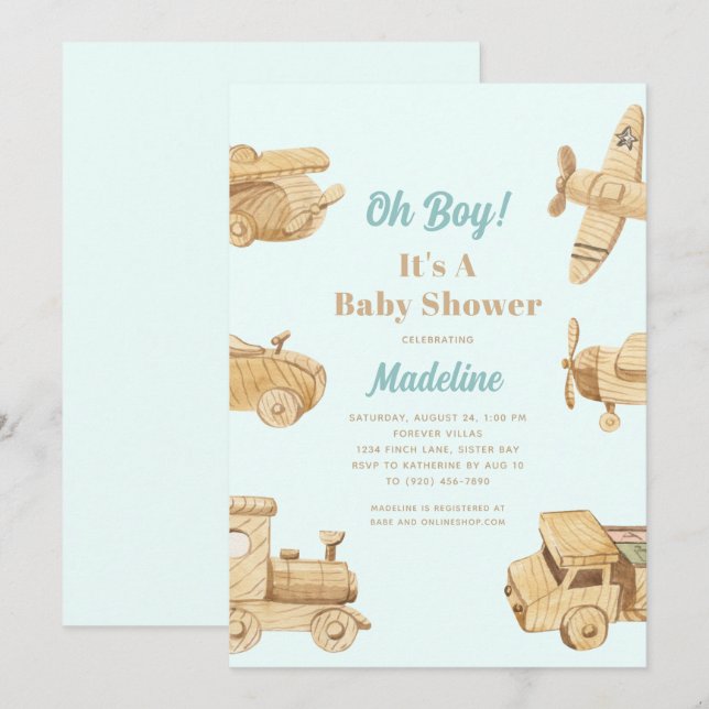 Oh Boy Wooden Toys Kinderdusche Einladung (Vorne/Hinten)