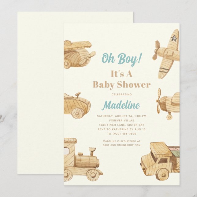 Oh Boy Wooden Toys Kinderdusche Einladung (Vorne/Hinten)