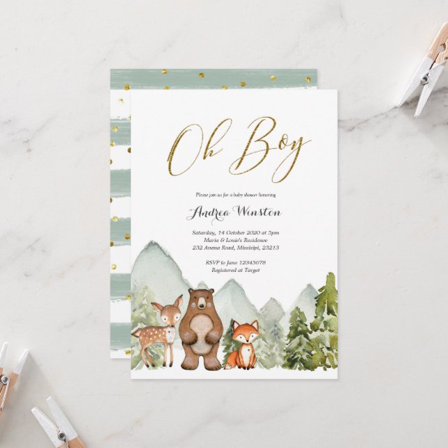 Oh Boy Woodland Animal Baby Shower Einladung (Vorderseite/Rückseite Beispiel)