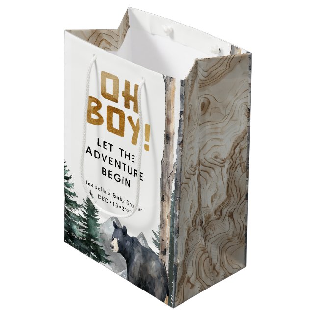 Oh Boy Woodland Bear Adventure Baby Dusche Mittlere Geschenktüte (Vorderseite Schrägansicht)