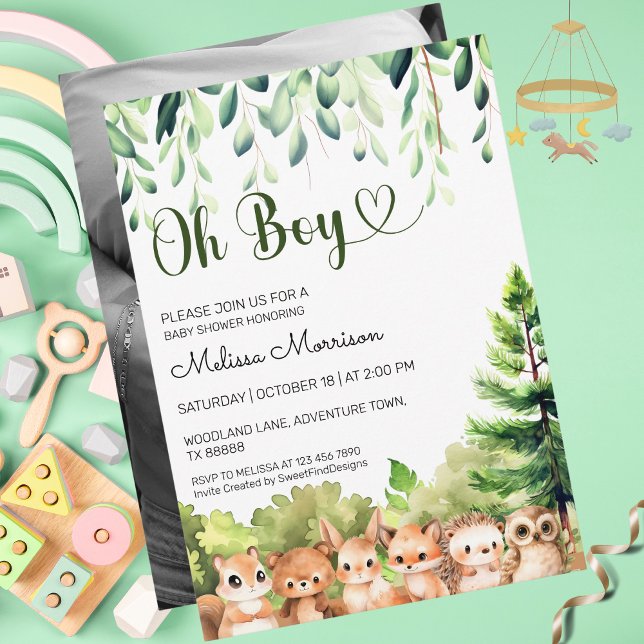 Oh Boy Woodland Foto Boy Baby Dusche Einladung (Oh Boy Woodland Photo Boy Baby Shower Invitation)