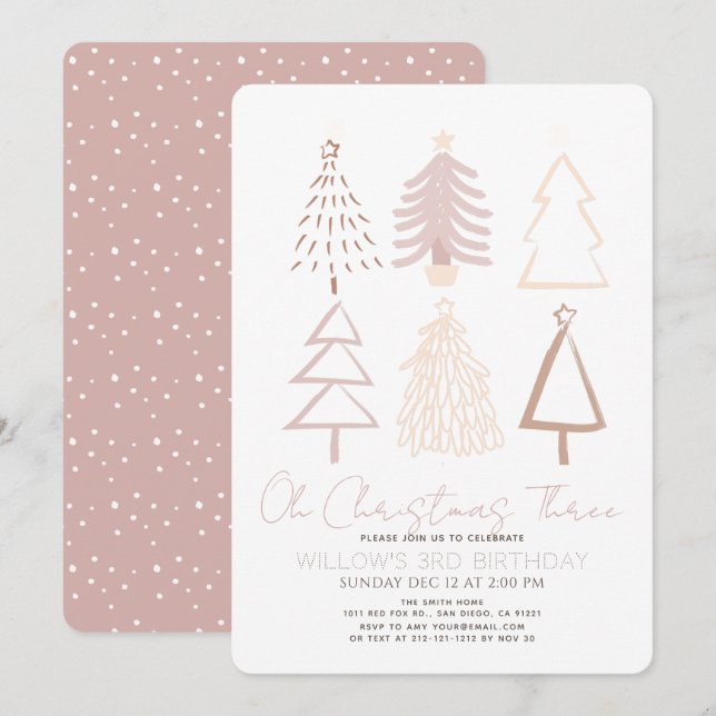 Oh Christmas Three Boho Pink Trees 3rd Birthday Einladung (Vorne/Hinten)