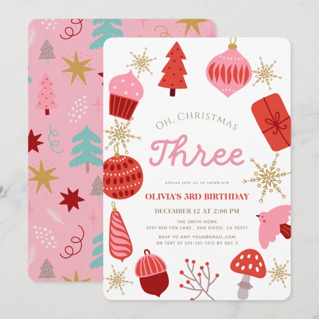 Oh Christmas Three Christmas Pink 3rd Birthday Einladung (Vorne/Hinten)