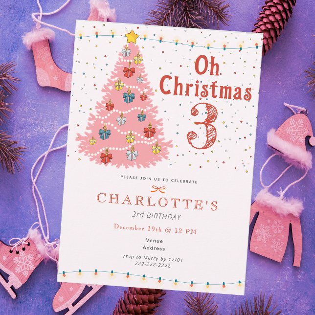 Oh Christmas Three Pink Girl 3rd Birthday Einladung (Oh Christmas Three Pink Girl 3rd Birthday Invitation)
