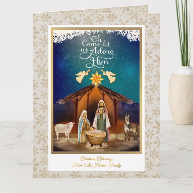 "Oh Come Let Us Adore Him" Nativity Christmas Karte (Vorderseite)