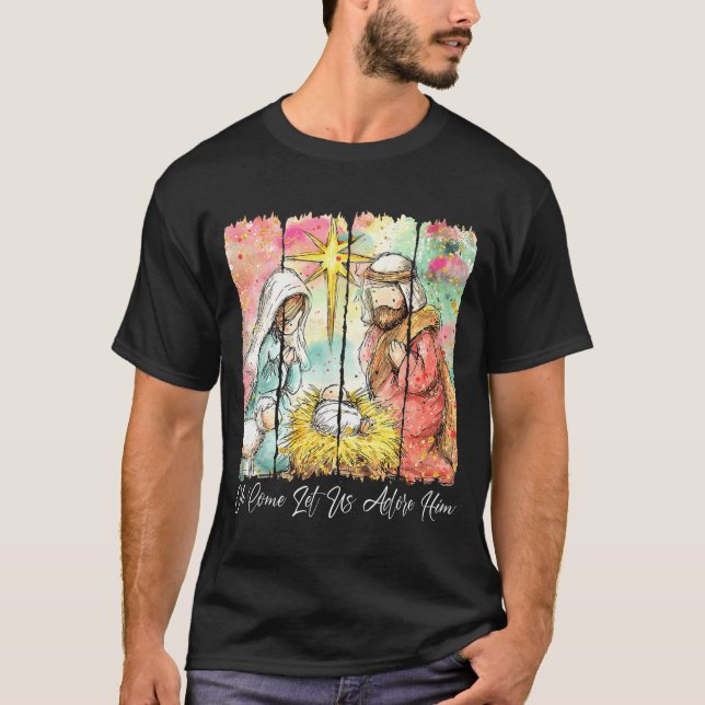 Oh Come Let Us Adore Him Nativity Scene Christian  T-Shirt (Vorderseite)